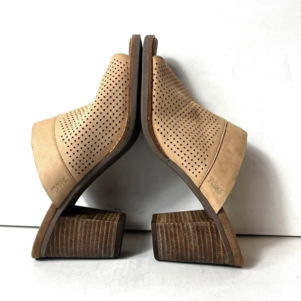 TOMS Tan Leather Block Heeled Sandals Women's 10 Slip On Open Toe Comfort Casual